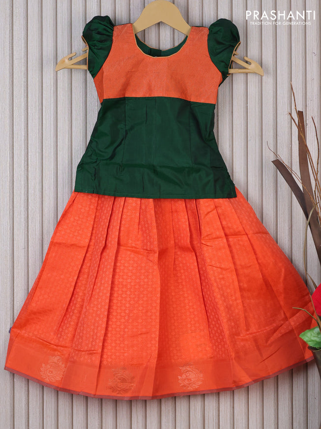 Silk kids lehenga dark green and orange with patch work neck pattern and self emboss & zari woven butta border for 3 years