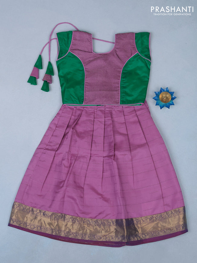 Silk kids lehenga green and lavender with patch work neck pattern and zari weaves & zari woven border for 3 years