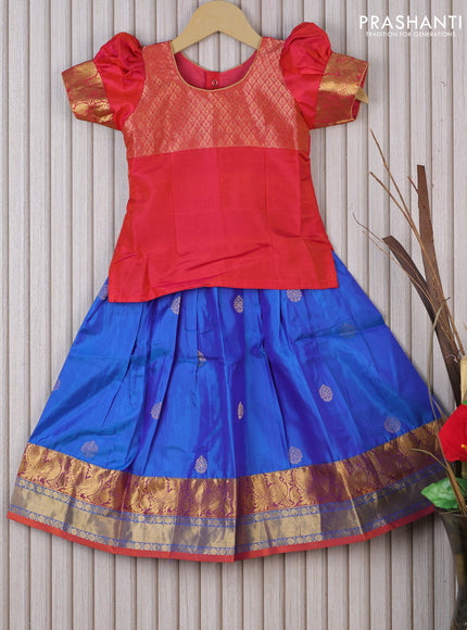 Silk kids lehenga dual shade of pinkish orange and dual shade of blue with patch work neck pattern and zari buttas & annam zari woven border for 3 years