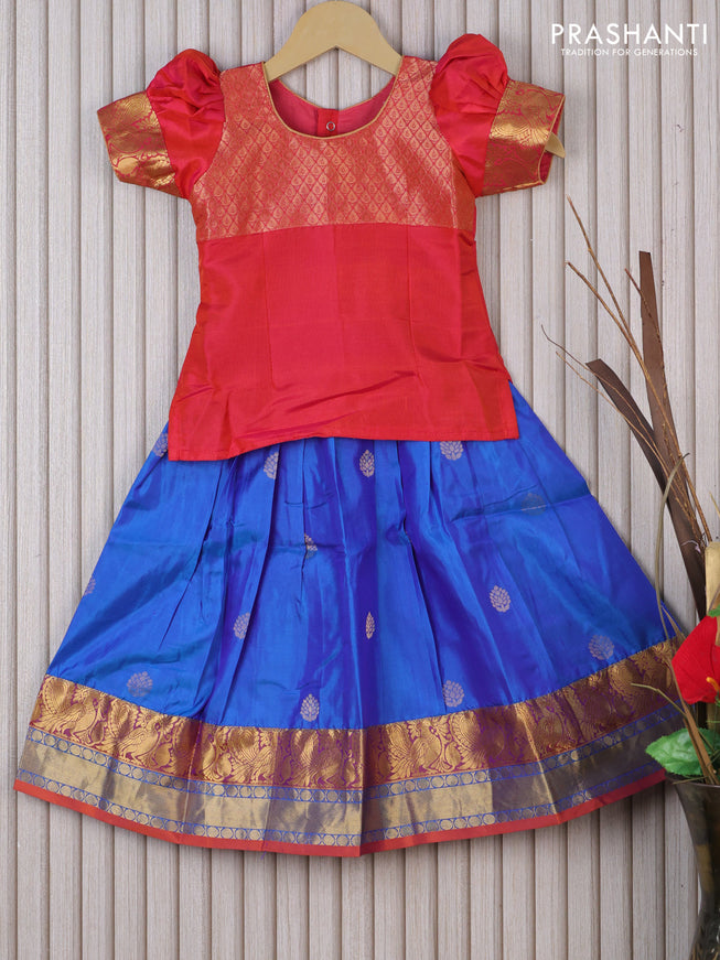 Silk kids lehenga dual shade of pinkish orange and dual shade of blue with patch work neck pattern and zari buttas & annam zari woven border for 3 years