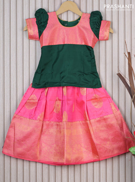 Silk kids lehenga dark green and dual shade of pink with patch work neck pattern and zari buttas & long zari woven border for 3 years