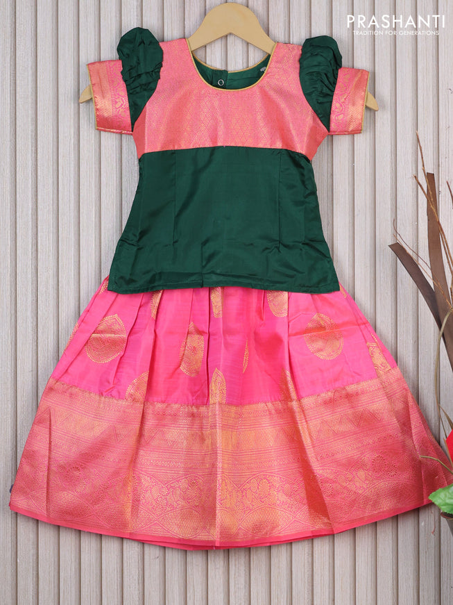 Silk kids lehenga dark green and dual shade of pink with patch work neck pattern and zari buttas & long zari woven border for 3 years