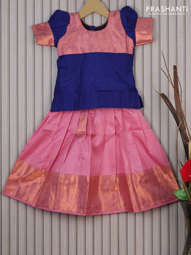 Silk kids lehenga blue and light pink with patch work neck pattern and copper zari woven border for 3 years