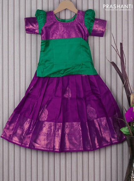 Silk kids lehenga green and purple with patch work neck pattern and copper annam zari woven border for 3 years