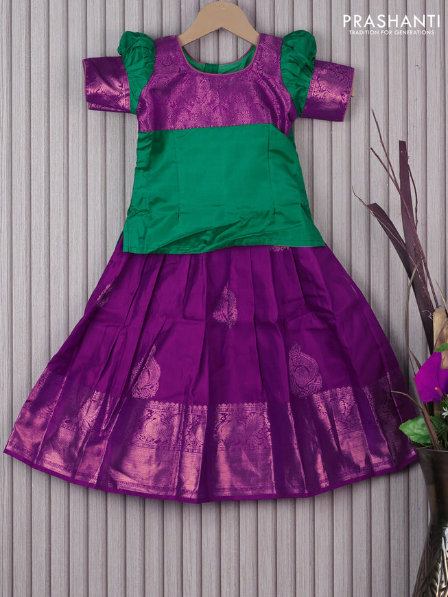 Silk kids lehenga green and purple with patch work neck pattern and copper annam zari woven border for 3 years