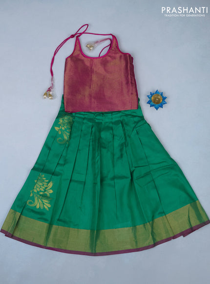 Silk kids lehenga pink and green with zari woven brocade weaves and back knot & zari woven border for 4 years