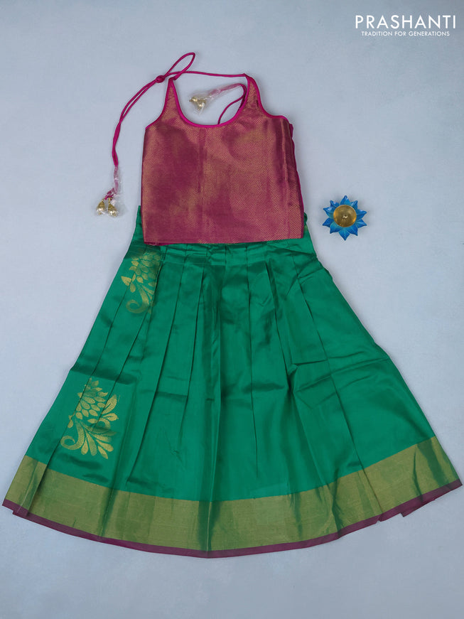 Silk kids lehenga pink and green with zari woven brocade weaves and back knot & zari woven border for 4 years