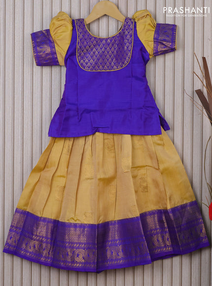 Silk kids lehenga blue and yellow with patch work neck pattern and zari woven border for 4 years