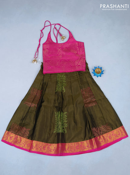 Silk kids lehenga magenta pink and sap green with zari woven brocade weaves and back knot & zari woven border for 4 years