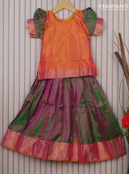 Silk kids lehenga dual shade of mustard and dual shade of green with plain body and woven buttas & zari woven border for 4 years