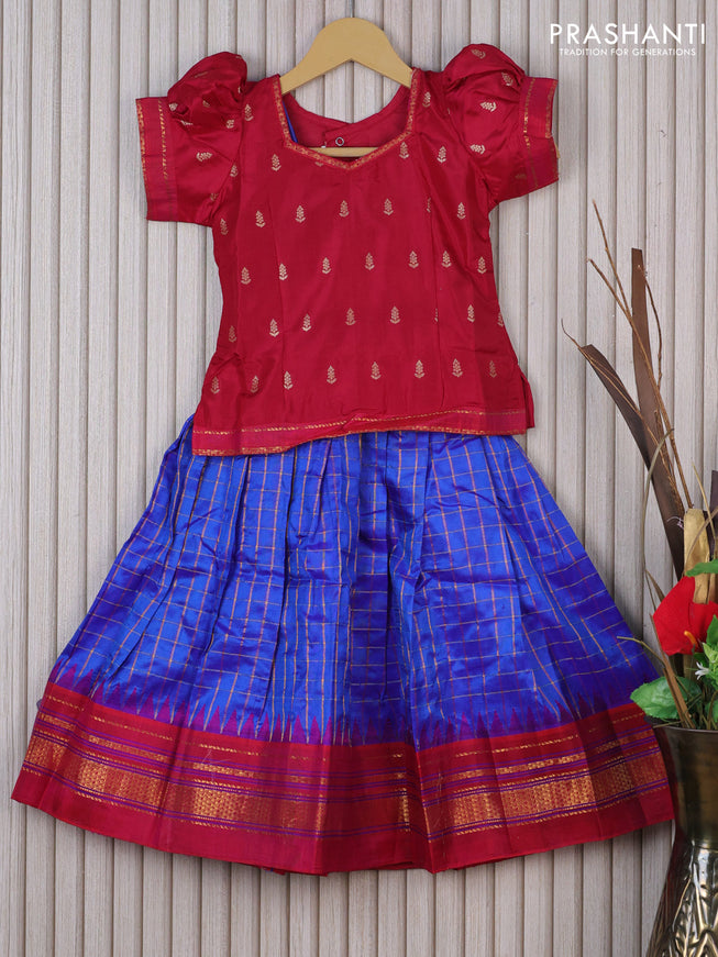 Silk kids lehenga reddish pink and blue with simple zari neck pattern & zari buttas and checks & temple design zari woven border for 4 years