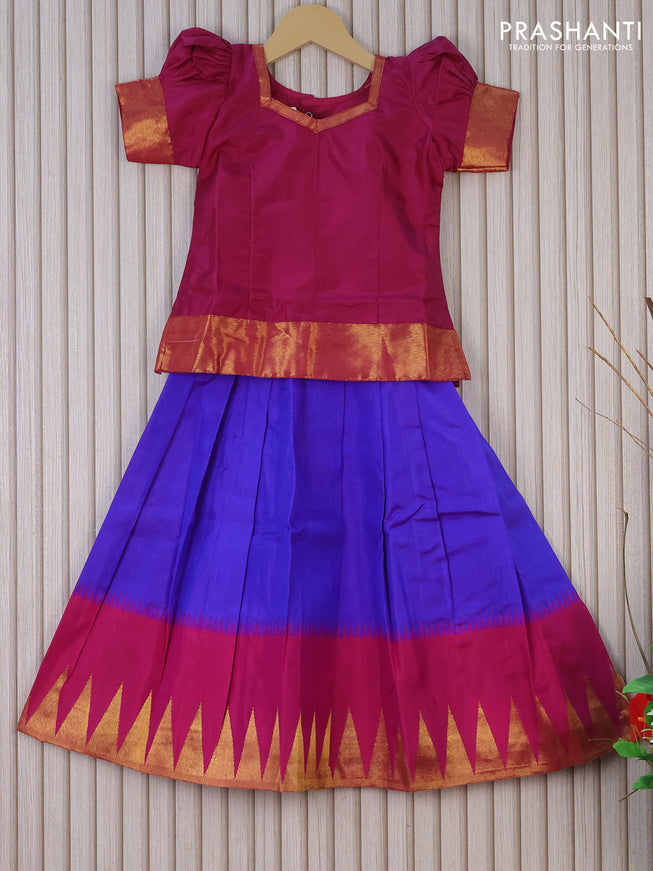 Silk kids lehenga dark magenta and blue with simple zari neck pattern and temple design zari woven border for 4 years