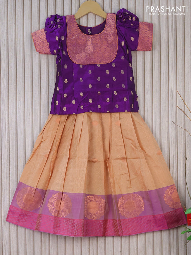 Silk kids lehenga violet and sandal with patch work neck pattern and self emboss & copper zari woven butta border for 4 years