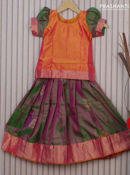 Silk kids lehenga dual shade of yellowish pink and dual shade of pinkish green with simple neck pattern and zari buttas & zari woven border for 4 years