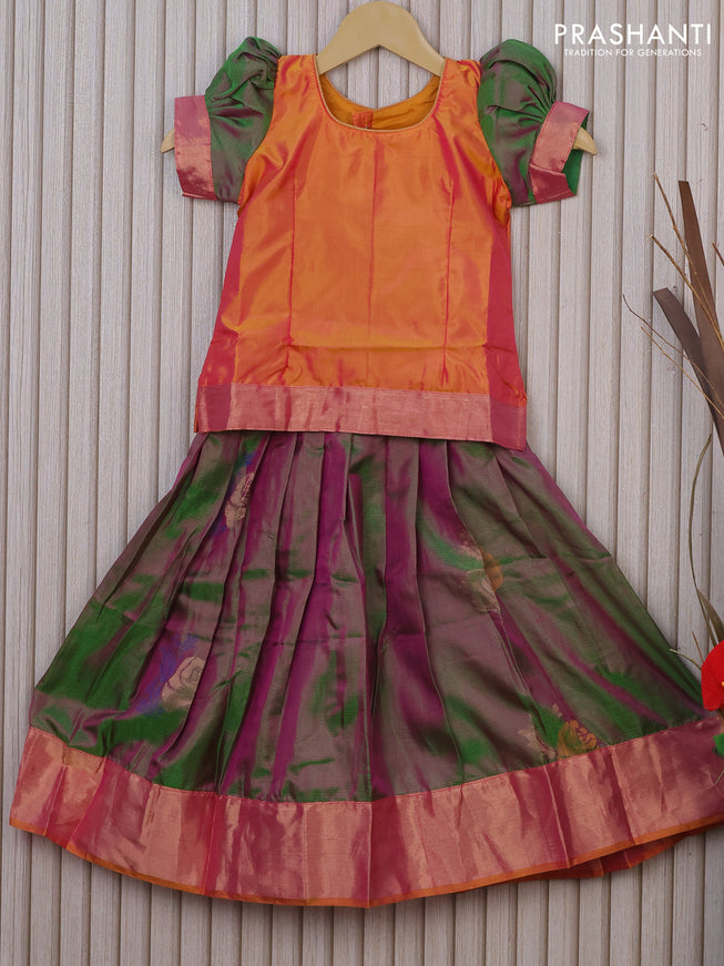 Silk kids lehenga dual shade of yellowish pink and dual shade of pinkish green with simple neck pattern and zari buttas & zari woven border for 4 years