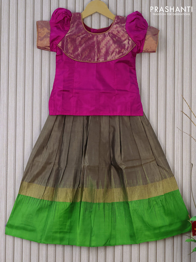 Silk kids lehenga magenta pink and chikku shade with patch work neck pattern and zari woven simple border for 4 years