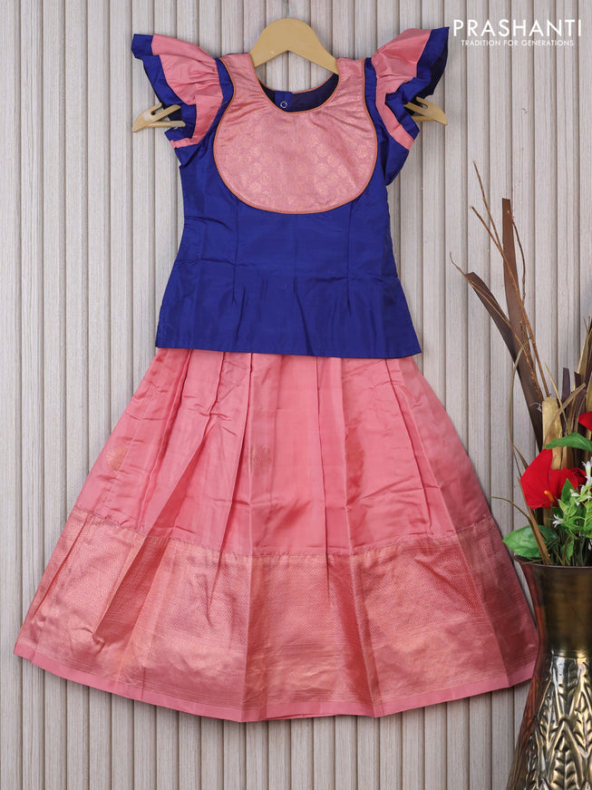 Silk kids lehenga blue and peach shade with patch work neck pattern and copper zari buttas & copper zari woven border for 5 years