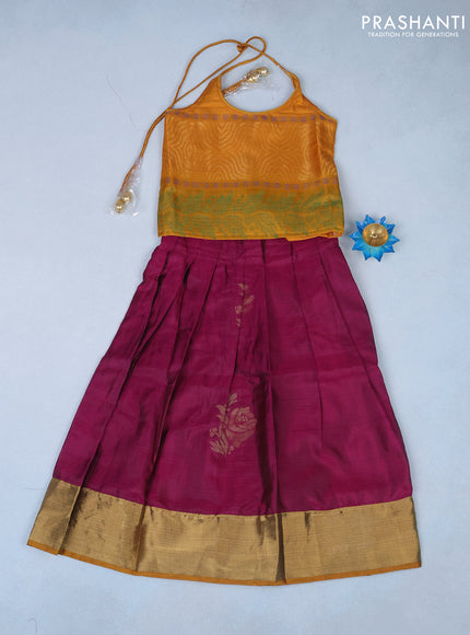 Silk kids lehenga mustard shade and dark magenta pink with zari weaves and back knot & zari woven border for 5 years