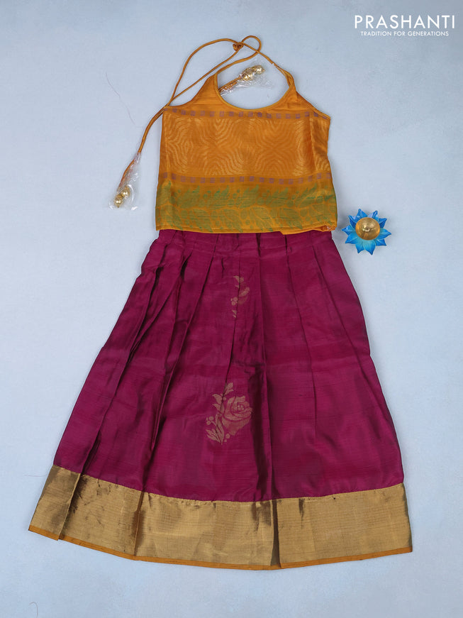 Silk kids lehenga mustard shade and dark magenta pink with zari weaves and back knot & zari woven border for 5 years