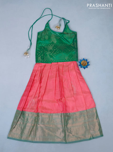 Silk kids lehenga green and peach pink with zari weaves and back knot & zari woven border for 5 years