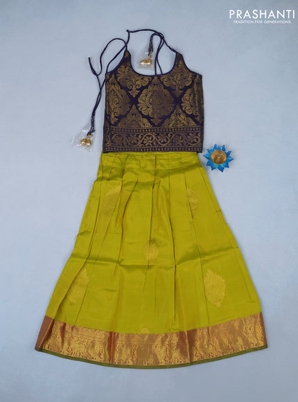 Silk kids lehenga navy blue and lime green with zari woven brocade weaves and back knot & zari woven border for 5 years