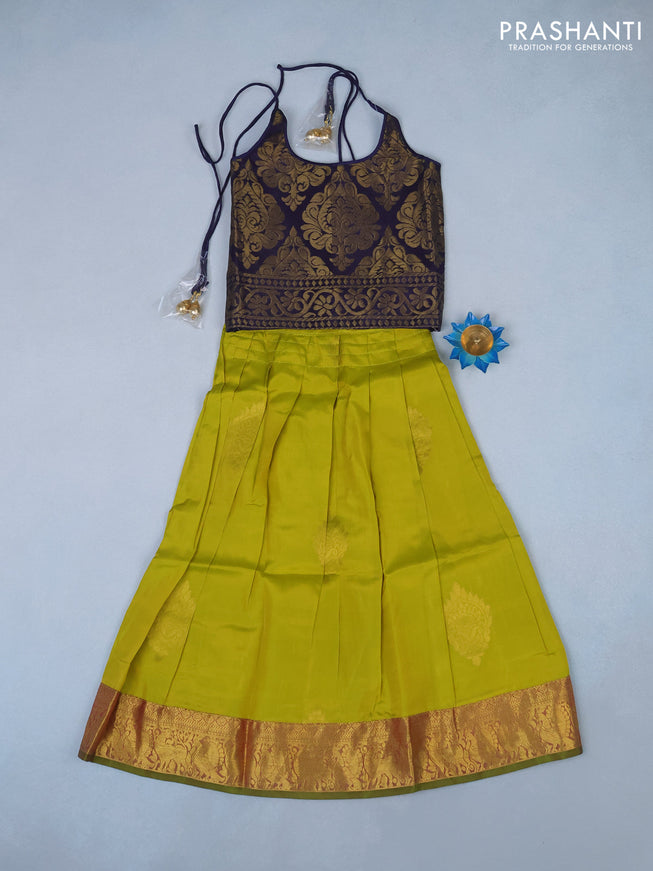 Silk kids lehenga navy blue and lime green with zari woven brocade weaves and back knot & zari woven border for 5 years