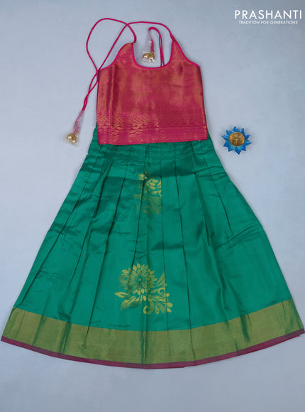 Silk kids lehenga pink and green with zari woven brocade weaves and back knot & zari woven border for 5 years