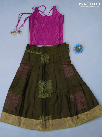 Silk kids lehenga pink and mehendi green with zari woven brocade weaves and back knot & zari woven border for 5 years