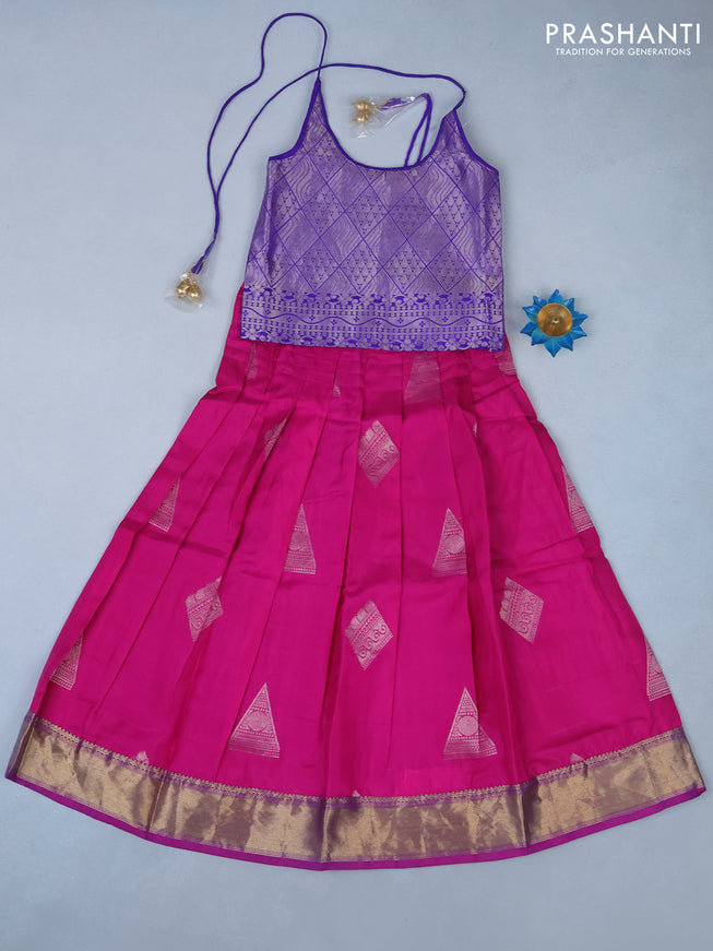 Silk kids lehenga royal blue and pink with silver zari woven brocade weaves and back knot & zari woven border for 5 years