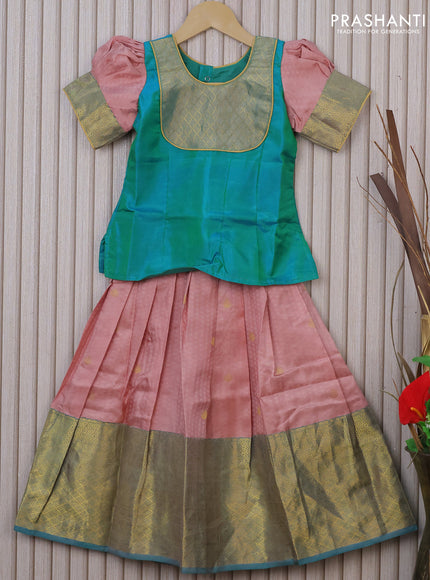 Silk kids lehenga dual shade of teal green and peach shade with patch work neck pattern and self emboss & zari woven border for 5 years