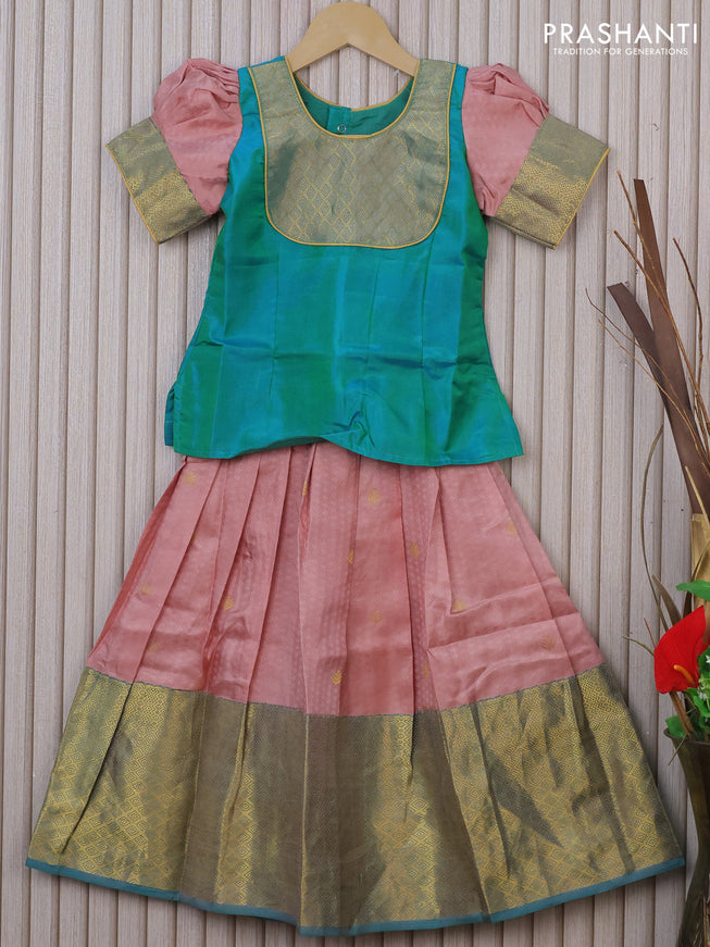 Silk kids lehenga dual shade of teal green and peach shade with patch work neck pattern and self emboss & zari woven border for 5 years