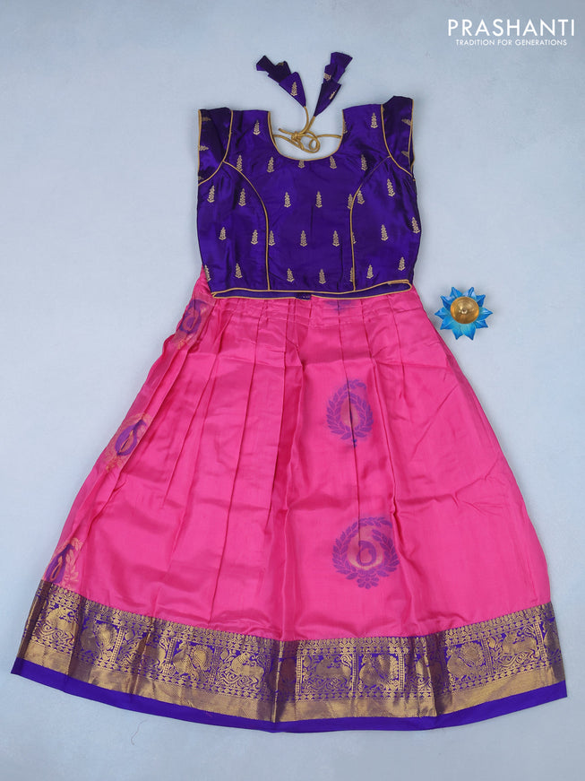 Silk kids lehenga blue and light pink with patch work neck & zari buttas and woven buttas & zari woven border for 5 years