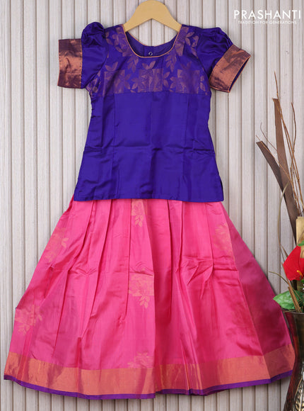 Silk kids lehenga blue and pink with patch work neck & zari buttas and woven buttas & zari woven border for 5 years