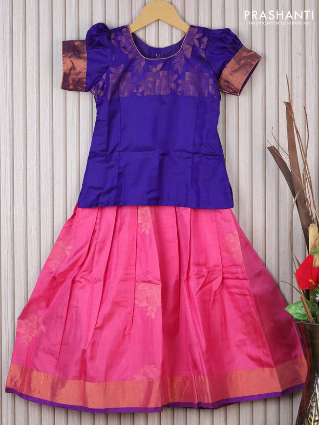 Silk kids lehenga blue and pink with patch work neck & zari buttas and woven buttas & zari woven border for 5 years