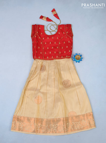 Silk kids lehenga red and cream with patch work neck & zari buttas and copper zari buttas & copper zari woven border for 5 years