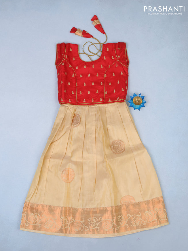 Silk kids lehenga red and cream with patch work neck & zari buttas and copper zari buttas & copper zari woven border for 5 years