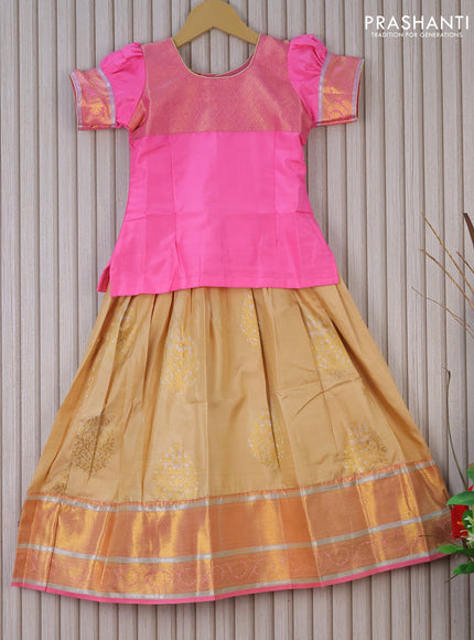 Silk kids lehenga light pink and sandal with patch work neck pattern and woven buttas & zari woven border for 5 years