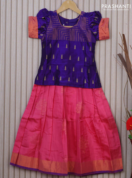 Silk kids lehenga blue and pink with patch work neck & zari buttas and woven buttas & zari woven border for 5 years