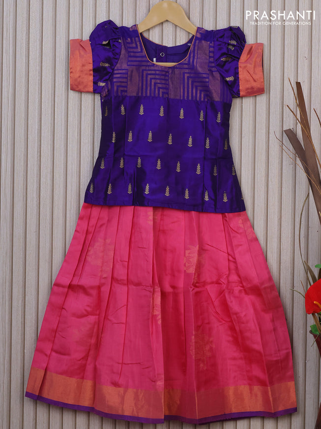 Silk kids lehenga blue and pink with patch work neck & zari buttas and woven buttas & zari woven border for 5 years