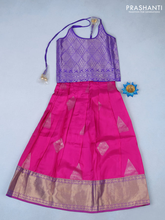 Silk kids lehenga blue and pink with silver zari woven brocade weaves and back knot & zari woven border for 6 years