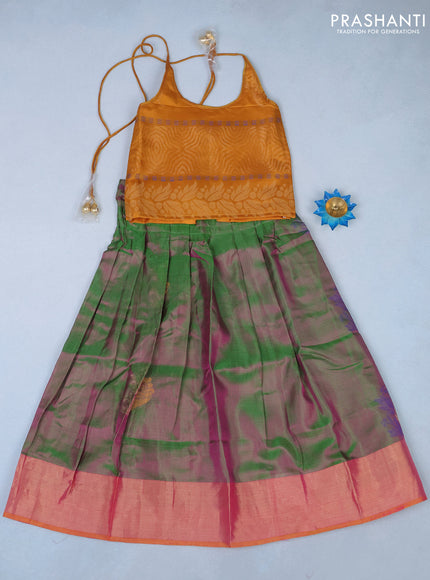 Silk kids lehenga mustard shade and duak shade of pinkish green with zari woven brocade weaves and woven buttas & zari woven border for 6 years