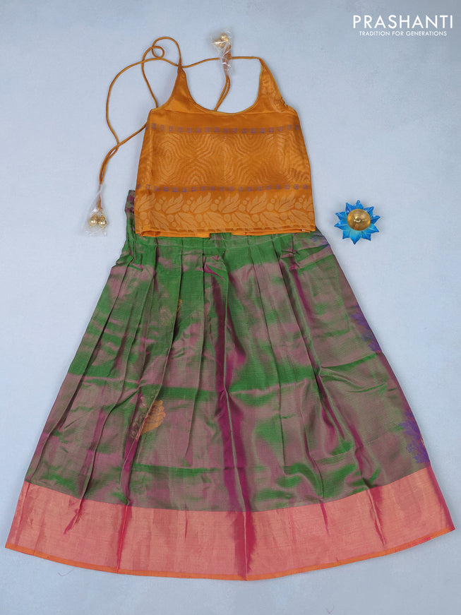 Silk kids lehenga mustard shade and duak shade of pinkish green with zari woven brocade weaves and woven buttas & zari woven border for 6 years