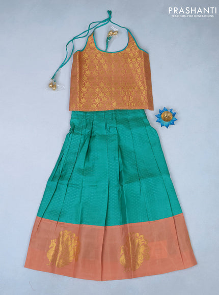 Silk kids lehenga pastel peach and teal green with zari woven brocade weaves and back knot & zari woven butta border for 6 years