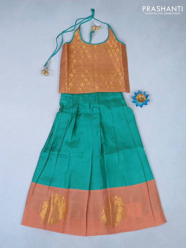 Silk kids lehenga pastel peach and teal green with zari woven brocade weaves and back knot & zari woven butta border for 6 years