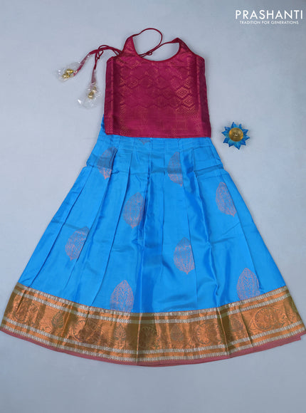 Silk kids lehenga magenta pink and light blue with copper zari woven brocade weaves and copper zari buttas & copper zari woven border for 6 years