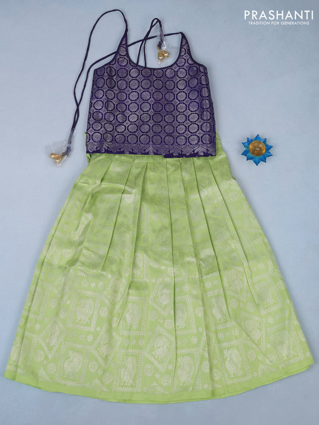 Silk kids lehenga navy blue and pista green with silver zari woven brocade weaves and back knot for 6 years