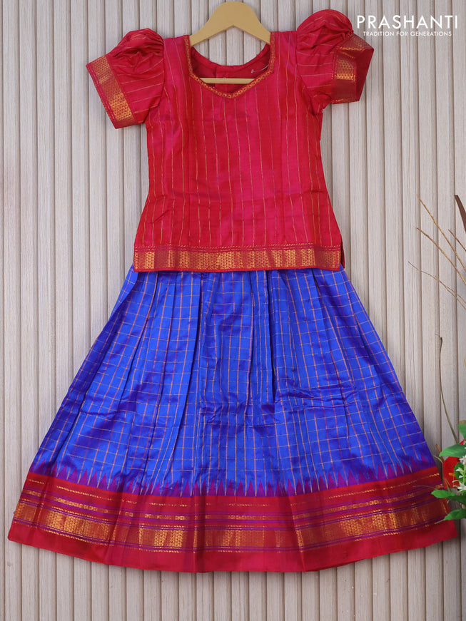 Silk kids lehenga dual shade of pink and royal blue with simple zari neck pattern and thread checks & zari woven border for 6 years