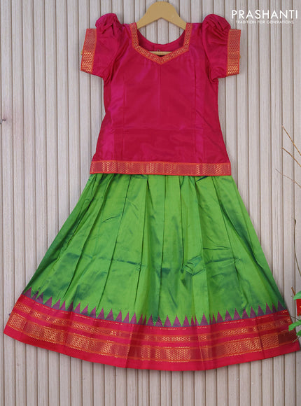 Silk kids lehenga pink and dual shade of green with simple zari neck pattern and temple design zari woven border for 6 years