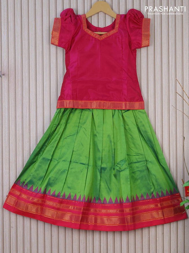 Silk kids lehenga pink and dual shade of green with simple zari neck pattern and temple design zari woven border for 6 years