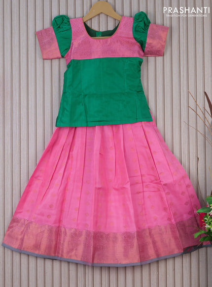 Silk kids lehenga green and light pink with patch work neck pattern and copper zari buttas & copper zari woven border for 6 years